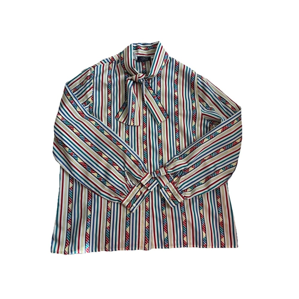 VTG 70s Haberdashery  Retro Colorful Striped Ascot Blouse Pussybow Neck Tie XL‎